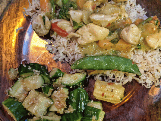 Chili coconut stir fry of chicken and vegis, and Chinese cucumber salad, brown rice.gif