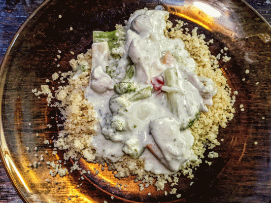 Chicken and vegis in a Thai green curry and coconut milk sauce on bulgur again.gif