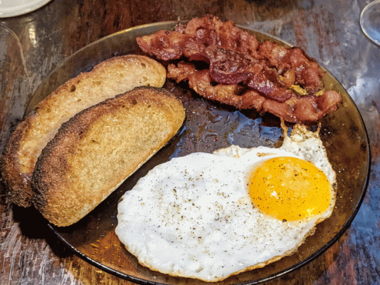 duck egg, bacon, and wholewheat miche toast.gif