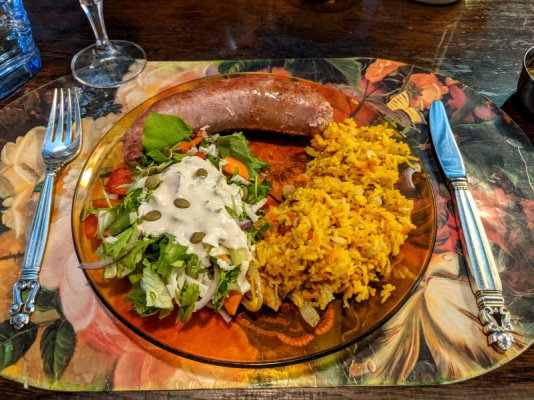 White wine and shallot sausage, doctored Kashmiri pilau, and a salad with ranch-blue cheese dres.jpg