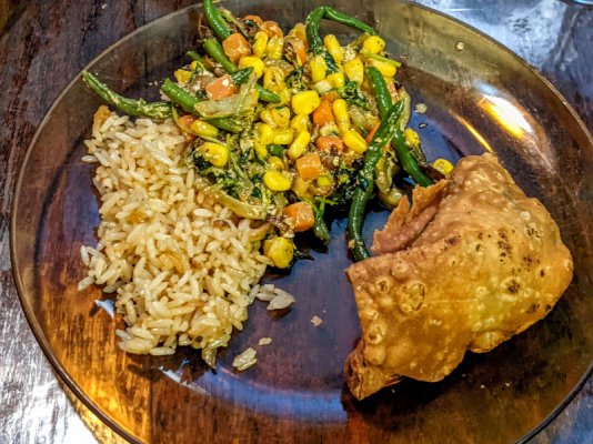 Cheese and spinach samosas, vegis with Madras paste, and leftover rice pilaf.jpg