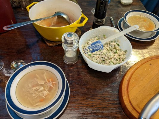 Homemade chicken soup and chicken salad for sandwiches.jpg