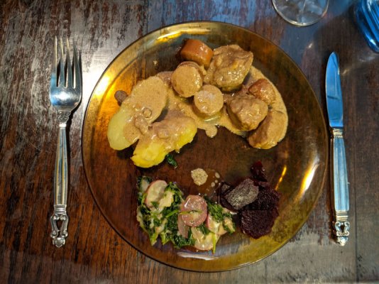 Linda's pot 'o pig, potatoes, pickled beets, and radish greens with radish and feta one plate.jpg