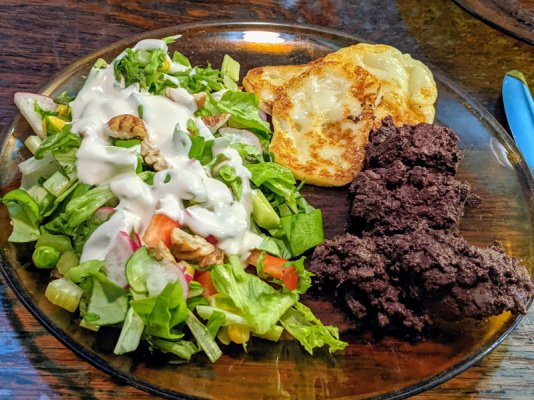 Blood sausage, halloumi style cheese, and a salad with ranch dressing.jpg
