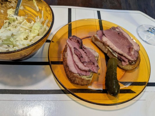 Duck breast smoked meat on wholewheat toast a pickle, coleslaw, and a pickle.jpg