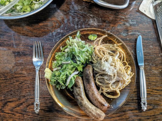 Italian sausages, salad, and linguine with a zucchini based sauce.jpg