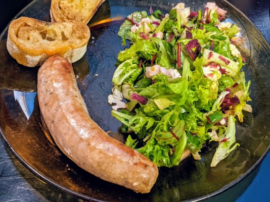 Mild Italian sausage and salad, with wholewheat baguette and EVOO-balsamic dip.jpg