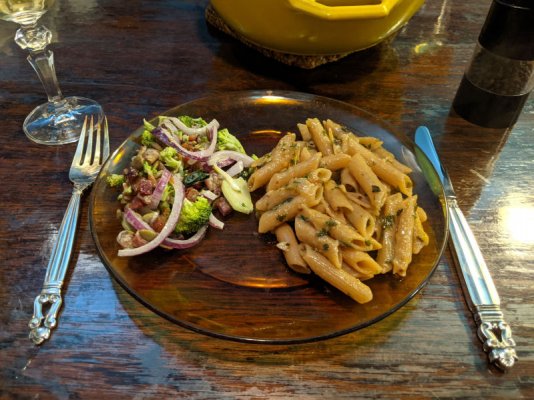Penne with zucchini sauce and broccoli salad.jpg
