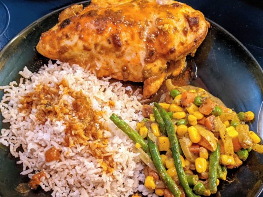 Tandoori chicken breast, Indian inspired vegis, and brown basmati rice.jpg