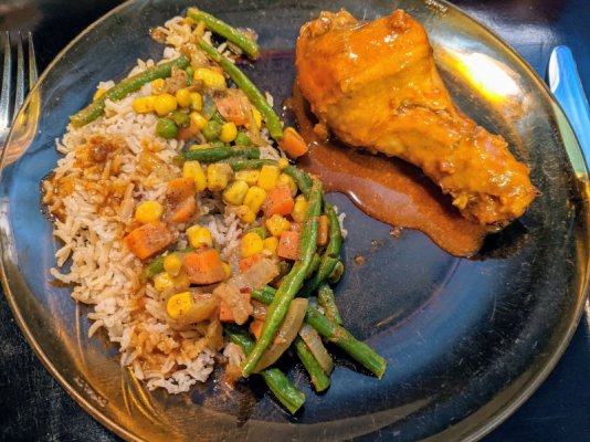 Tandoori chicken drumstick, Indian inspired vegis, and brown basmati rice.jpg