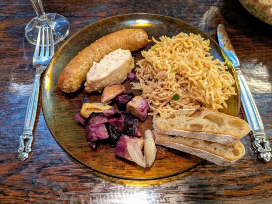 Sesame noodles and roasted chicken breast, Italian sausage, and vegis, and baguette for dipping.jpg