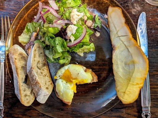 Egg cup in ham with cheese, smoked sturgeon, and a salad and baguette.jpg