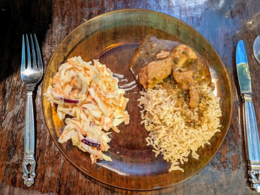Jerk seasoned pork, brown basmati rice, and coleslaw.jpg