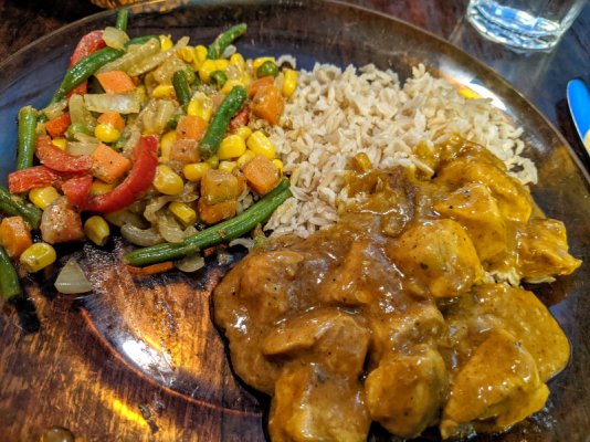 Chicken korma, Indian inspired veggies, and brown basmati rice again.jpg