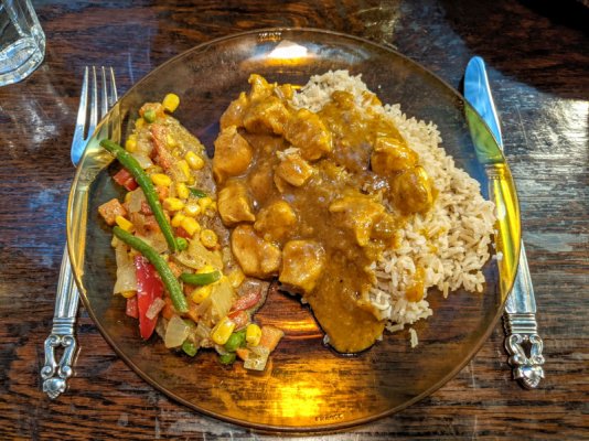 Chicken korma, Indian inspired veggies, and brown basmati rice.jpg