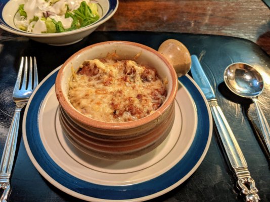 Onion soup and salad with ranchoid dressing.jpg