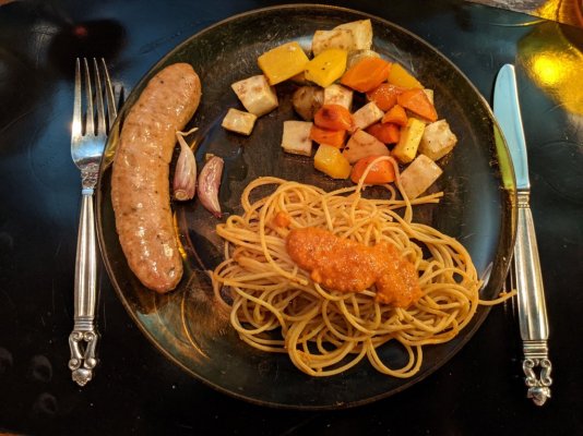 Roasted Veggies and Italian Sausage, Romesco Sauce, and Wholegrain Spaghettini.jpg