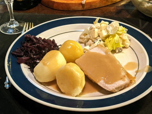 Flæskesteg (Danish pork roast), rødkål, potatoes, gravy, and Waldorf salad.jpg