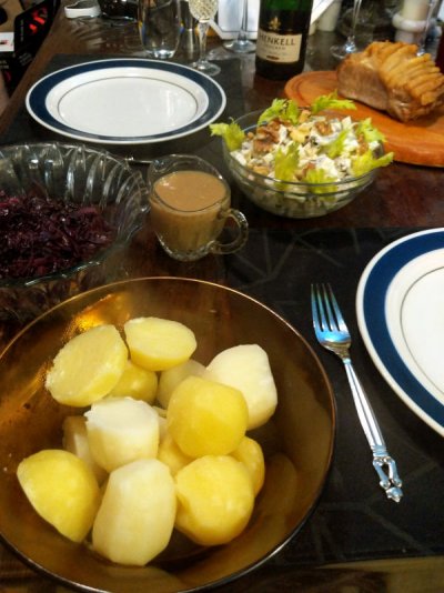 Flæskesteg (Danish pork roast), rødkål, potatoes, gravy, Waldorf salad, and Henkel.jpg