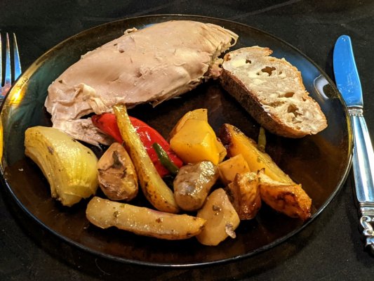 New Year's Eve, roasted chicken breast and veggies, whole grain baguette.jpg