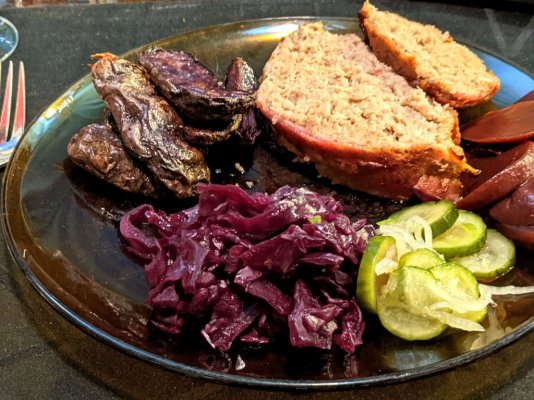 Danish meatloaf, pickled beets, Thai pickled cucumber, rødkål, purple fingerling potatoes.jpg
