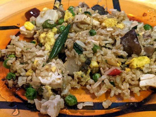 Fried rice with chicken, egg, fartichokes, and other veggies.jpg
