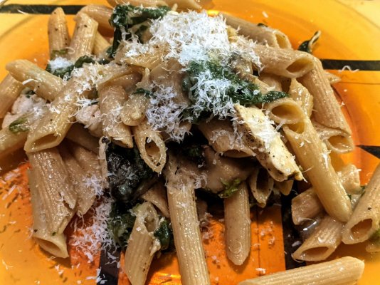 Penne in a creamy, sauce with spinach and chicken.jpg