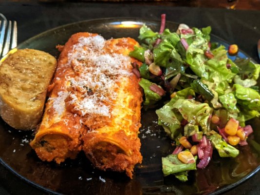 Store bought cannelloni, romesco sauce, salad, and whole wheat baguette with EVOO-balsamic dip 2.jpg