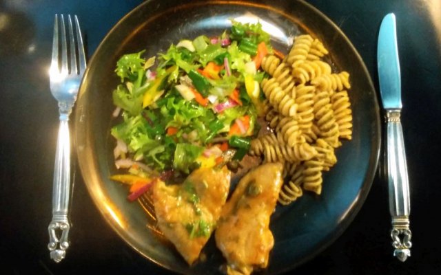 Chicken piccata, whole wheat fusilli with pesto, and a salad 2.jpg