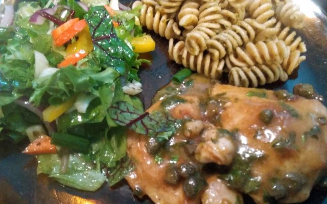 Chicken piccata, whole wheat fusilli with pesto, and a salad.jpg
