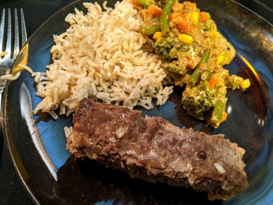 Meatloaf, brown basmati rice, and Madras curry paste vegis.jpg