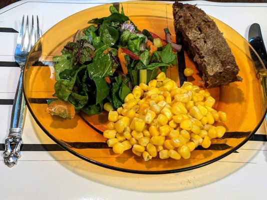 Meatloaf, corn, and a salad.jpg