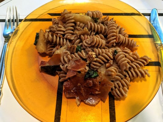 Spelt fusilli with blue cheese sauce, lonza, pears, and beet greens again.jpg