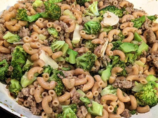 Wholewheat pasta with broccoli and homemade Italian sausage.jpg