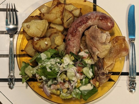 roasted chicken, sausage, and potato plus salad with blue cheese drissing.jpg