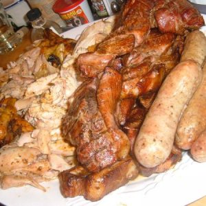 Beer butt chicken, smoked country-style ribs, bratwurst