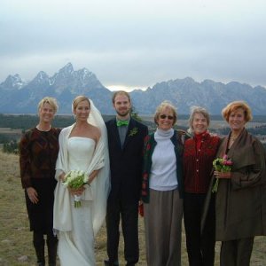 This was taken at my nieces wedding in Jackson Hole WY.  Left to right, my middle sis, niece/bride, nephew/mid sis' son, cousin, me, oldest sis/mother