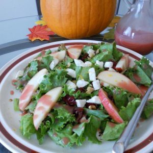 Fall salad with dried cranberries, apples, feta, walnuts and cranberry dressing.