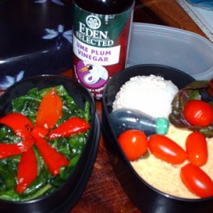 2nd Bento 001  Tamagoyaki (egg), Sesame Onigiri (rice ball), Grape Tomatoes, with Sauteed Spinach with Ume Vinegar (plum vinegar) and Roasted Red Pepp