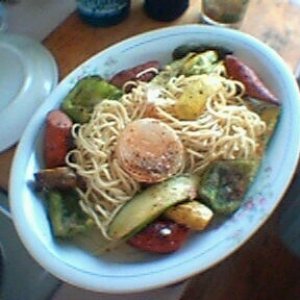 Spaghetti and kelbasa with veggies from the grill.