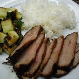 Grilled Flank Steak and fresh zucchini with steamed White Rice