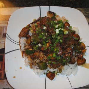 Chinese pepper steak over rice.