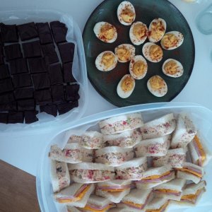 devilled eggs, blt spread and ham and cheese sandwich bites, and fudge- it was for a fear and loathing party