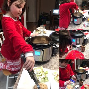 Rosie at 8-years-old using the Instant Pot to take frozen chicken breasts from freezer to plated.