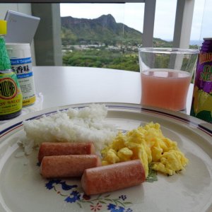 Local style breakfast on our lanai, Vienna Sausage Eggs Rice with Aloha Shoyu Furikake and Guava Juice, yeah baby!!
