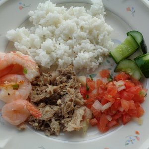 My plate: Japanese Cucumber, Lomi Salmon, Kalua Pig and Garlic Shrimp Poke