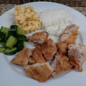 Copycat Zippy's Fried Chicken (diced up for faster consumption ;) ) as well Zippy's Mac Salad, steamed White Rice and My Quick Cucumber Kim Chee (kimc