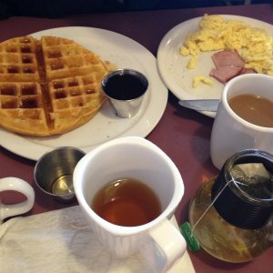 Breakfast out
Belgian Waffle
Scrambled with Ham
Oh and Tea and Coffee please, thank you