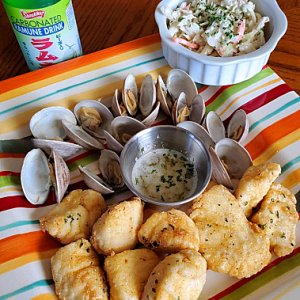 Fried halibut & steamed clams