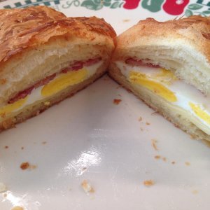 Costco Croissant stuffed with fried eggs, cheese and BACON!